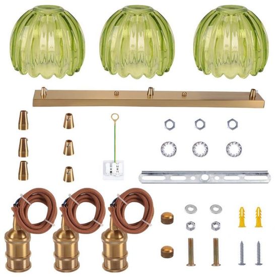 Lustre Suspendu Vintage 3 Lumières - Verre Vert, Laiton Doré, Hauteur Réglable, Pour Salon Cuisine Salle à Manger