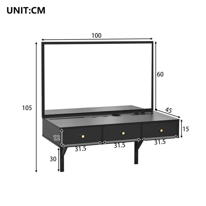 Coiffeuse Suspendue avec Miroir, 3 Tiroirs et Prises, Fente Pour Carte ...