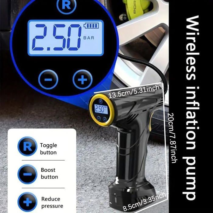 Pompe à Air électrique Sans Fil 150 PSI - 6000 MAh - Rechargeable USB-C - Pour Voiture, Vélo, Moto, Ballons - Affichage LED