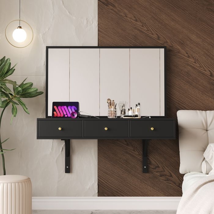 Coiffeuse Suspendue avec Miroir, 3 Tiroirs et Prises, Fente Pour Carte ...