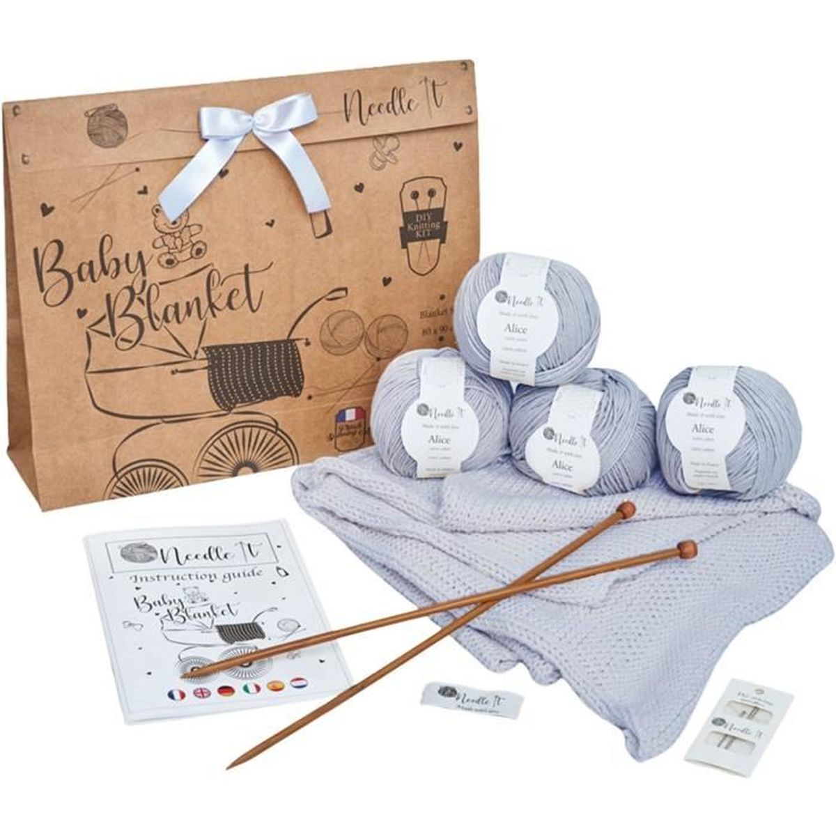 Bleu Ciel NEEDLE IT Idée Cadeau Kit complet pour débutant avec aiguilles à tricoter Kit de tricot pour couverture de bébé 100% coton