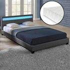 Lit capitonné à LED Corium (Paris) avec matelas (140x200cm)(gris foncé)(mousse froide) - cuir synthétique - housse en cuir