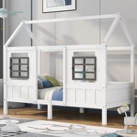 Lit cabane enfant 200x90cm - JAERLIUB - Lit Maison avec 2 fenêtres - Cadre en pin, MDF, blanc