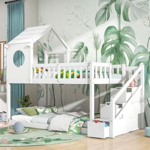 LIT MEZZANINE Lit cabane d'enfant 90x200 cm lit double en forme de maison armoire à échelle en pin sans matelas blanc