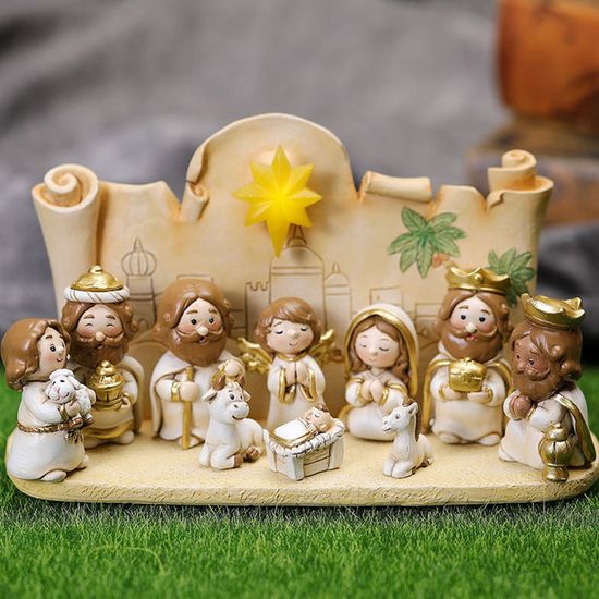 Crèche En Bois Avec 4 Figurines, Noël, Accessoires Et Miniatures 1/12