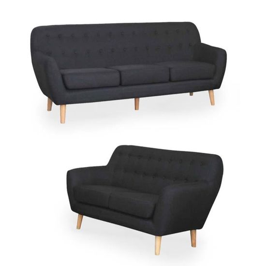 ensemble canape scandinave 3 2 places tissu noir viky cdiscount maison