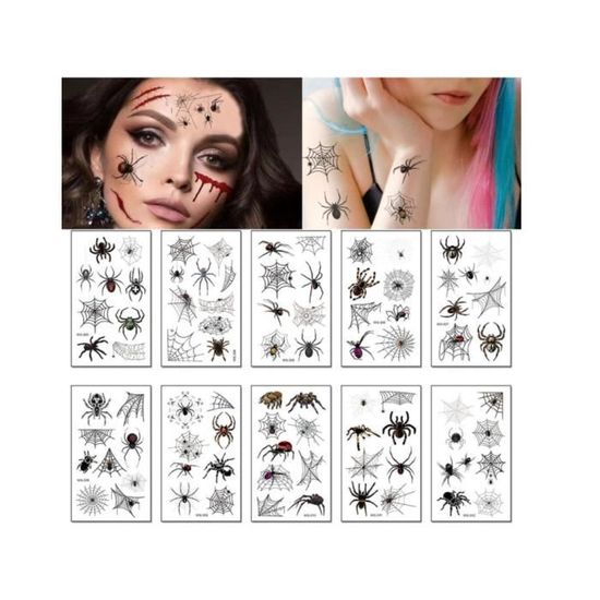 Autocollants Tatouage Halloween - 2 Motifs Diable Et Araignée - Temporaires, Faciles à Appliquer