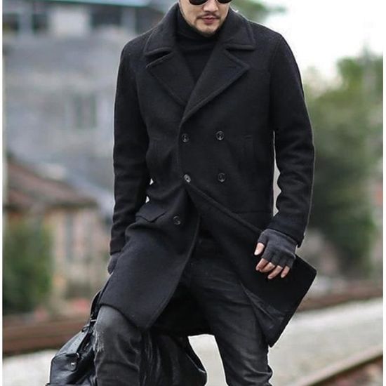 Manteau Homme Pardessus Veste Mi long Caban Chaud Automne Hiver Noir Noir Cdiscount Pret a Porter