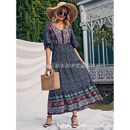Robe Bohème Femme Manches Courtes Imprimé Fleuri | Coupe Ample Fluide | Col V Et Volants | Pour été, Plage, Vacances