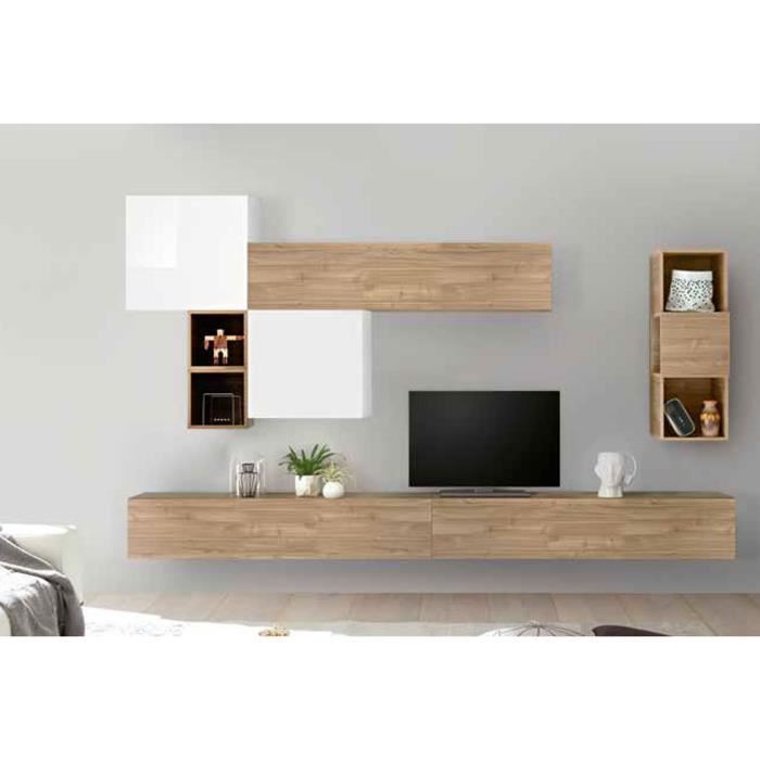 LUDOVICA 46 LAQUE BLANC ET NOYER ENSEMBLE COMPOSITION MURALE MEUBLE TV TENDANCE