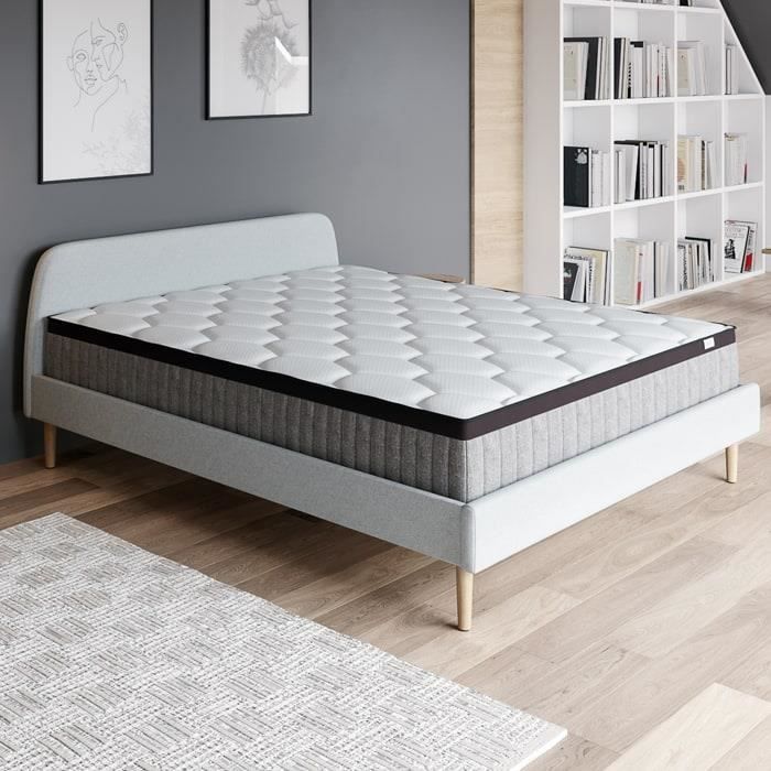 Ensemble matelas ressorts 140X190 Spring Memo Royal + Lit gris clair + sommier à lattes - Mousse mémoire + ressorts - Hbedding