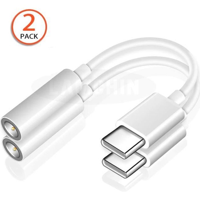 2 Câble adaptateur USB-C Type C vers prise casque audio Jack 3.5mm , Charge pour ecouteurs Huawei Honor Samsung