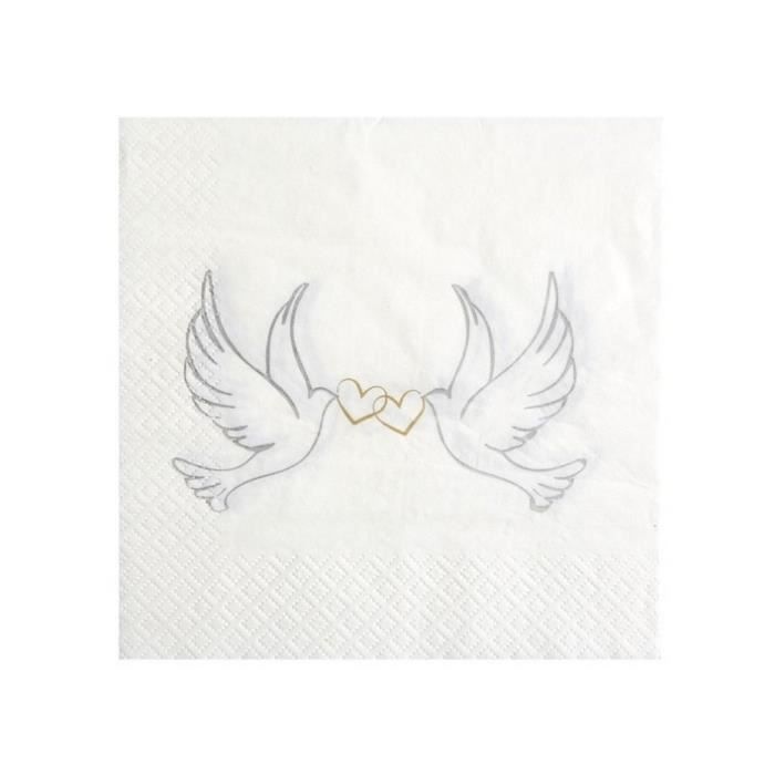Serviettes de table Blanche a Motif Colombes 3 plis 33 x 33 cm
