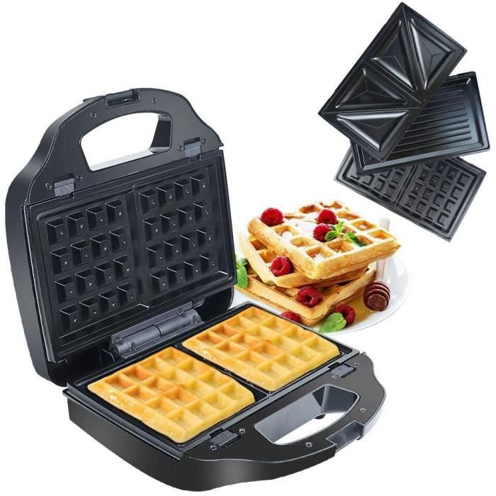 Gaufrier Croque Monsieur 3 en 1 pour Gaufrier Panini Sandwich LED et Thermostat Réglable, 3 Plaques Antiadhésives et Détachable, 900