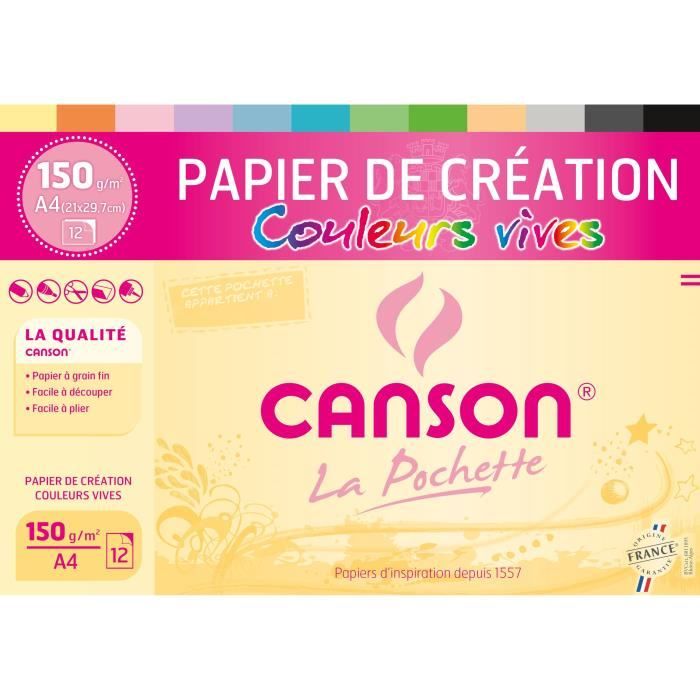 CANSON Pochette papier de création 12 feuilles A4 - 150 g - Couleurs vives
