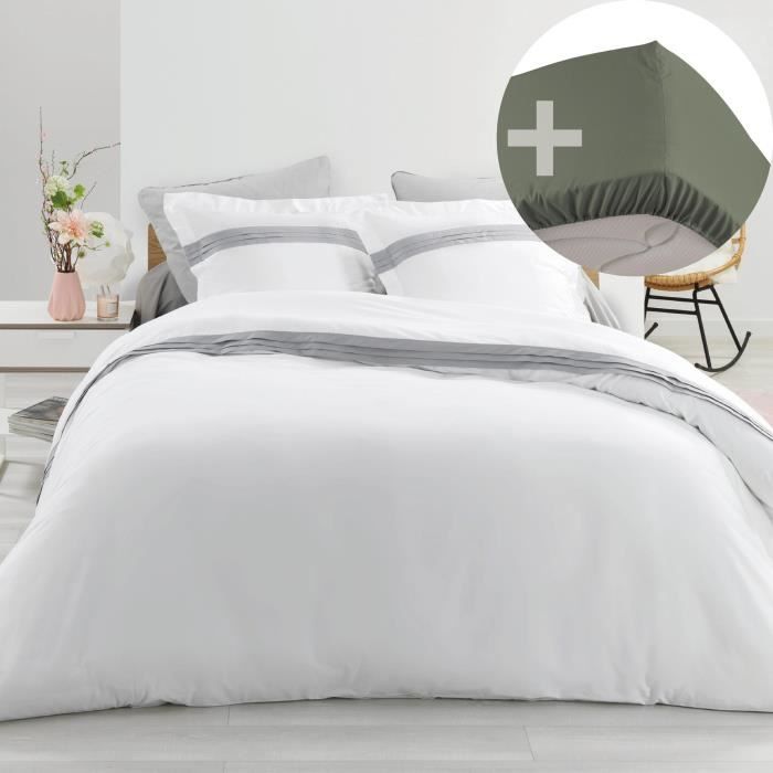 Pack Housse de couette hôtel 220x240 cm Percale luxe Astoria blanc + drap housse 140x190 Kaki