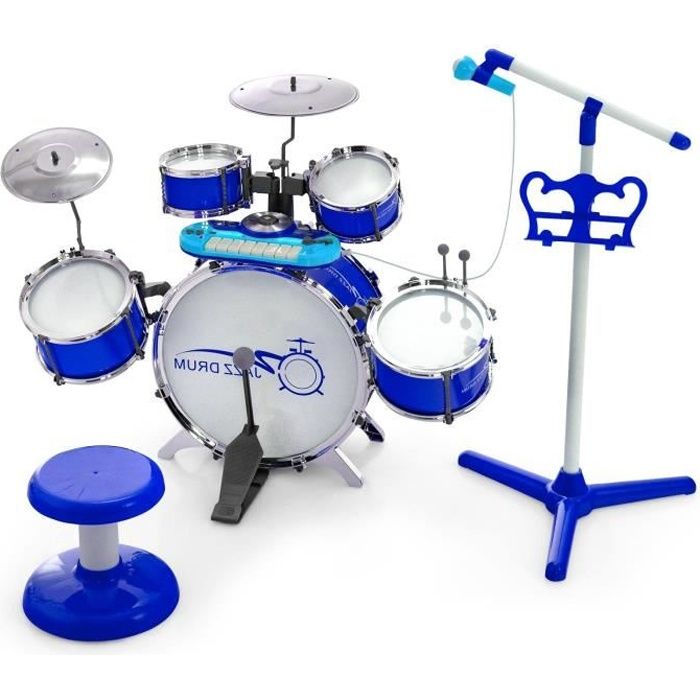 DREAMADE Kit de Batterie Enfants avec 5 Tambours, 2 Cymbales, Clavier à 8Touches, Microphone, Lumineux , Cadeau Enfants 3Ans+, Bleu