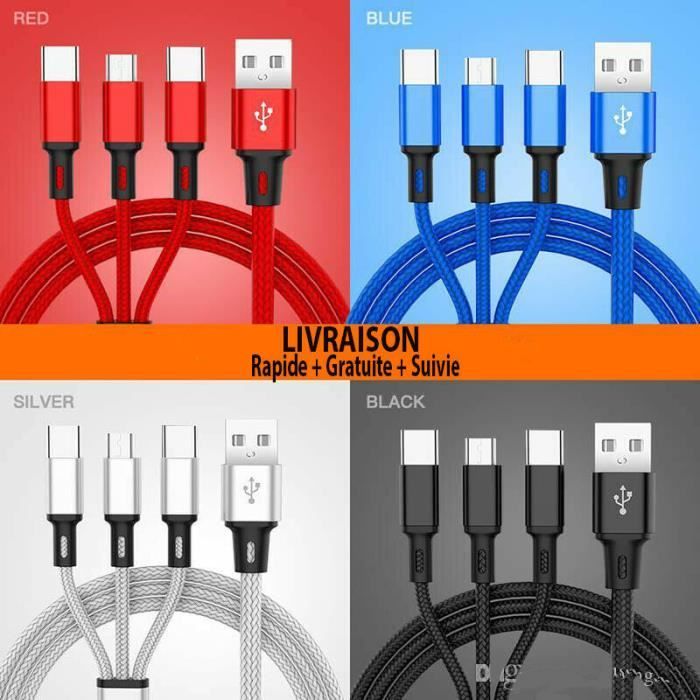 CABLE 3 en 1 USB CHARGEUR SAMSUNG IPHONE X XS XR / 8 / 7 TYPE C /IOS / Micro USB (Argent)
