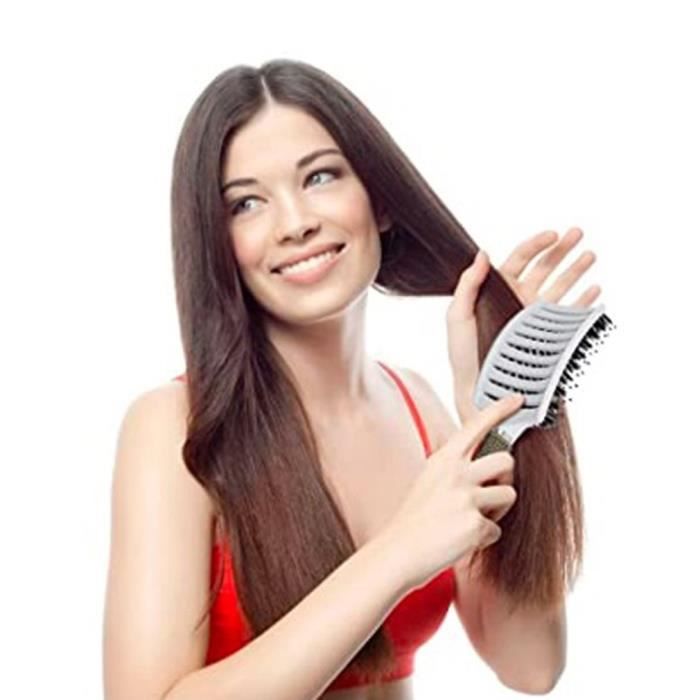 Brosse à Cheveux de poils de Sanglier Naturel en Nylon ABS Pneumatique Ovale Antistatique Massage Chevelu Peigne Hair Brush - blanc