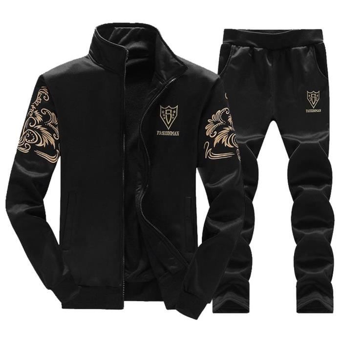 Automne Hiver Épaissir hommes Sweat-shirt Top Pantalons Ensembles sport Survêtement Suit Noir