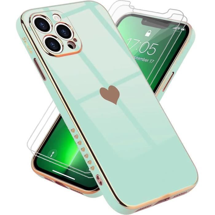 Coque Pour iPhone 13 Pro Max (6,7-) Turquoise Pack 2 Verres Trempés Antichoc Luxe TPU Souple Anti-Rayure Galvanisé Or