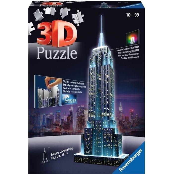 Puzzle 3D Empire State Building illuminé - Ravensburger - Monument 216 pièces - sans colle - avec LEDS couleur - Dès 10 ans