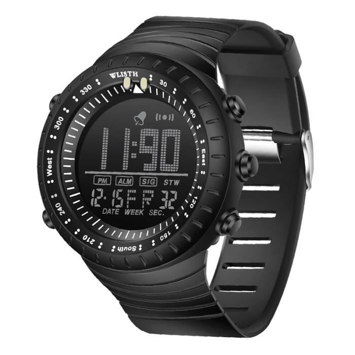 SHARPHY Montre homme LED numérique chronographe calendrier réveil multifonction sports bracelet en silicone étanche étudiant noir