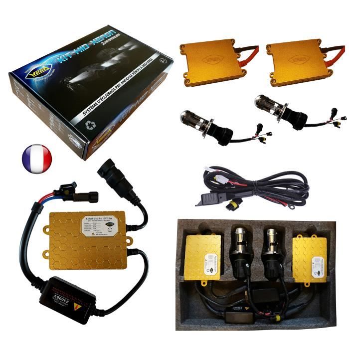 Kit HID Bi Xénon Marque FRANCAISE Vega® H4 HILO 5000K 55W Slim DSP AC ampoules à embase métallique