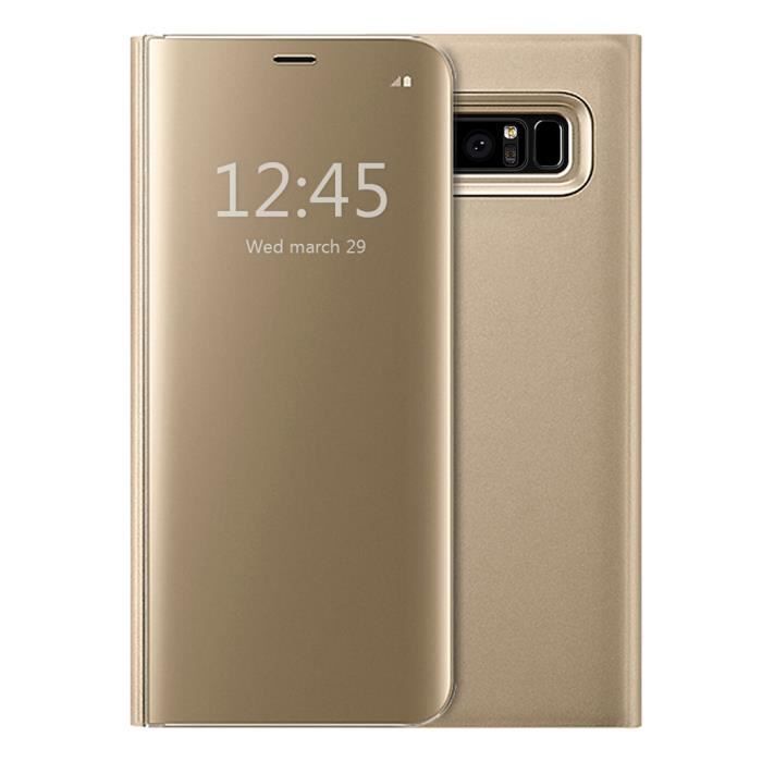 Coque pour Samsung Galaxy Note 8, Clear View Flip Coque Cover Mince Translucide Miroir Housse - Or