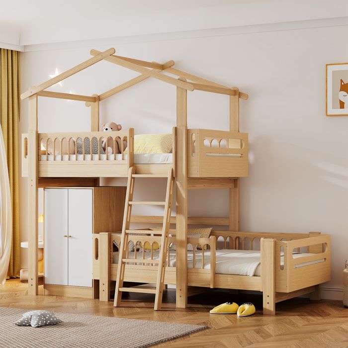 DRIPEX Lit superposé 90x200cm avec armoire pour enfants,Lit maison avec échelle et sécurité anti-chute,2 lit