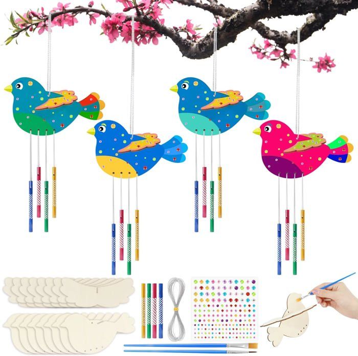 Kit DIY 6 Oiseaux – Carillon à Vent En Bois à Peindre – Activité Manuelle Enfant – Loisir Créatif Et Déco