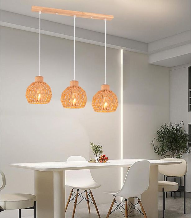Lustre Suspension En Rotin Blanc - Style Bohème Vintage - Abat-jour 16cm - Douille E27 - IDEGU - 12