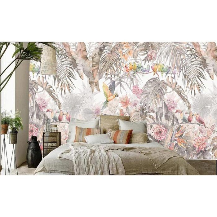 fresque-murale-papier-peint-jungle-soie-tropicale-rose-plantes-fleur