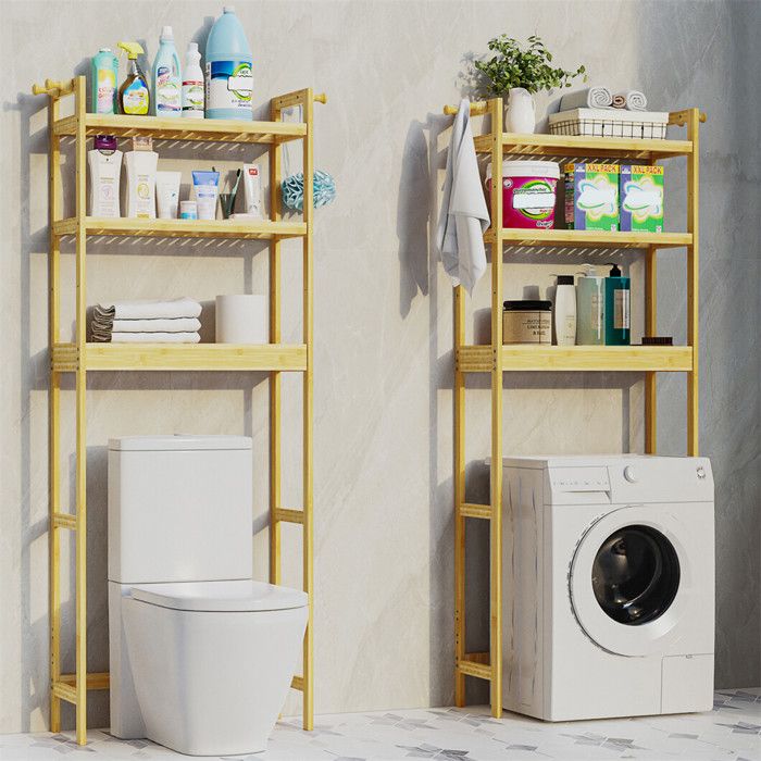 Étagère de Toilettes Salle de Bain: Meuble de Rangement à 3 Niveaux en Bambou Organisateur WC avec Étagère Réglable - 63x26x170cm