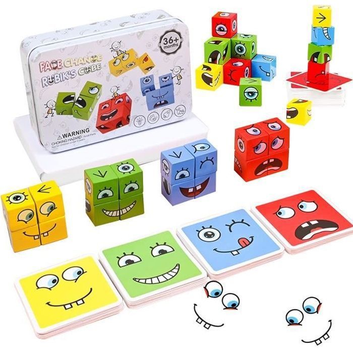 Cube à changement de visage en bois, jouets blocs de construction pour Puzzle de dessin animé, jeu de société éducatif pour enfants