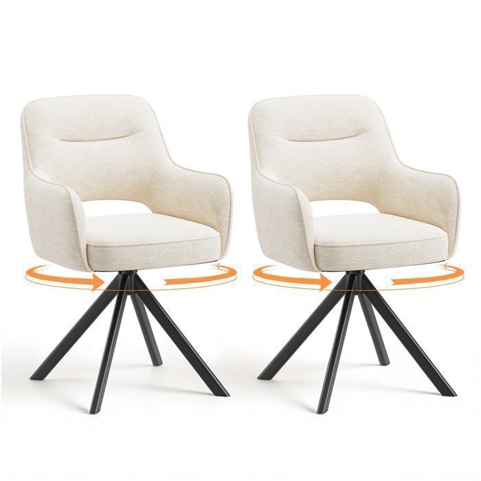 COLAMY – Lot de 2 chaises de salle à manger pivotantes premium demi-accoudoirs base en métal haute stabilité tissu beige moderne