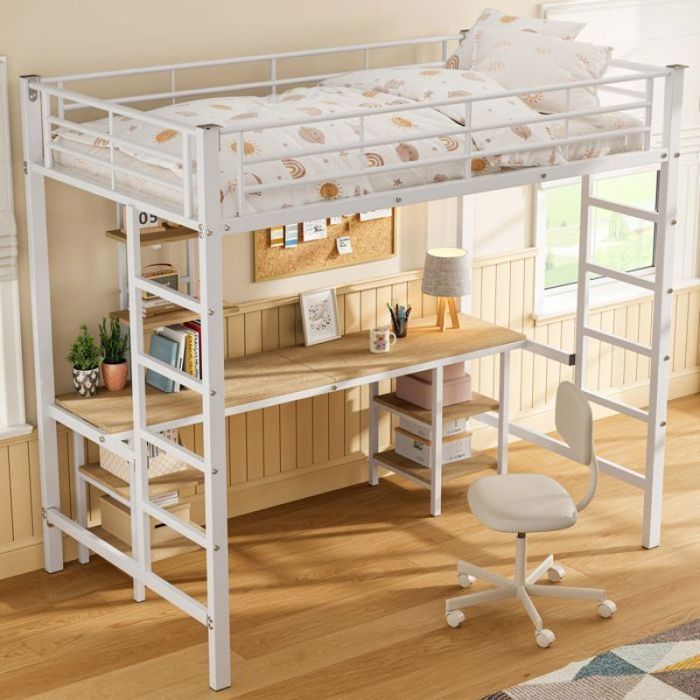 Lit mezzanine enfant 90x200 cm - Métal + MDF - 1 place - Contemporain Blanc