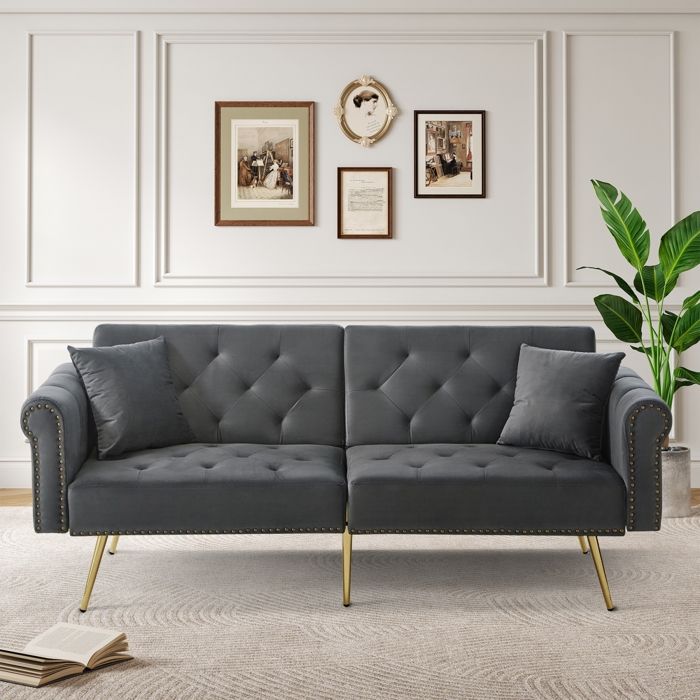 Canapé convertible - RAVAS - Banquette 2 places - Velours gris - Dossier réglable - Espace de rangement