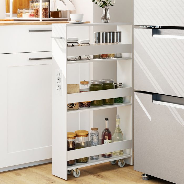 GIANTEX Desserte de Cuisine Étroit à Roulettes avec Freins- 475x13x805cm- Station de Charge- Chariot de Service à 4 Niveaux- Blanc