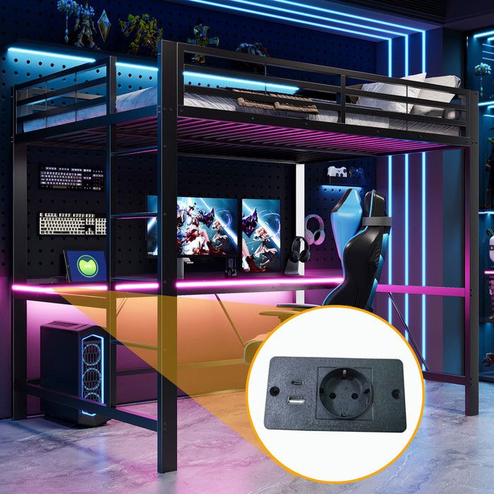 Lit mezzanine en métal 140x200 cm avec Bureau lit enfant avec Éclairage LED RGB Ports USB lit avec sommier à lattes Noir