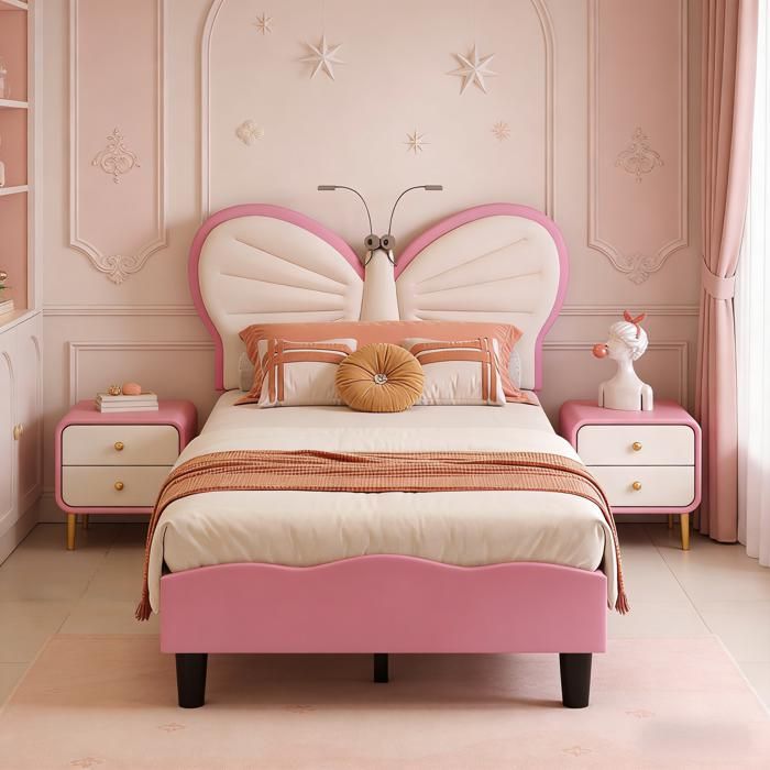 Lit simple 90x190 cm pour enfant Lit 1 place avec sommier Tête de lit capitonnée avec lampe de lecture Hauteur réglable Velours