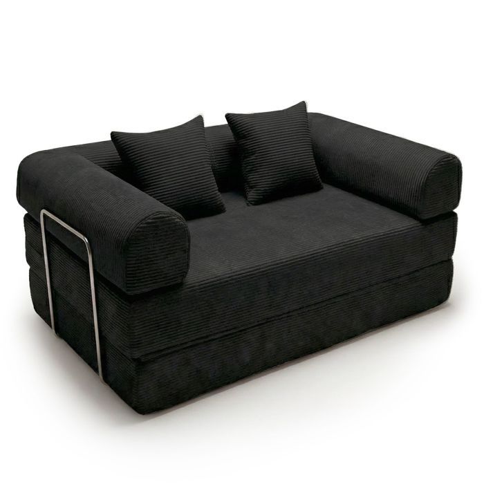 MENZZO Canapé 2 places convertible et modulable Bergerac Velours côtelé Noir -Compressé L150 x P90 x H67 cmSurface de couchage