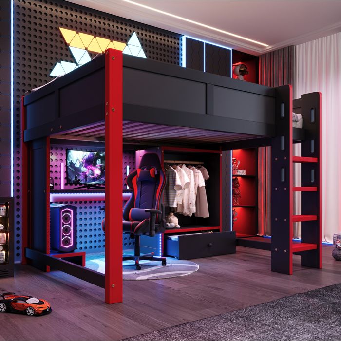 Lit mezzanine gaming 140 x 200 cm en pin noir et rouge avec bureau