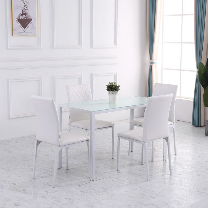 MOTHINESSTO4739-Table à manger pour 4 personnes table de cuisine avec plateau en verre trempé et pieds en métal 120x60x75cm blanc