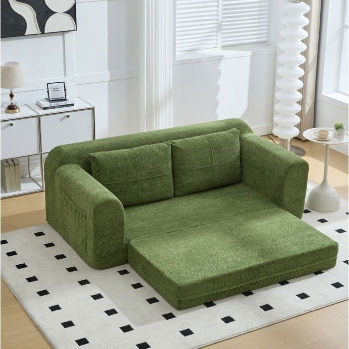 Canapé-lit de sol convertible 2-en-1 en velours vert avec accoudoirs