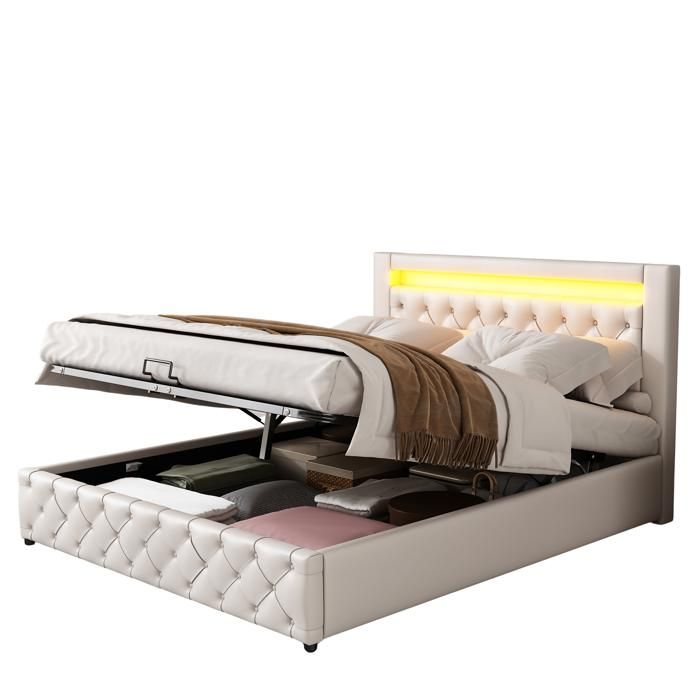 HAVRYA Lit Coffre 140x190 cm Capitonné avec LED Coffre de Rangement Sommier à Lattes Inclus PU Blanc Sans Matelas