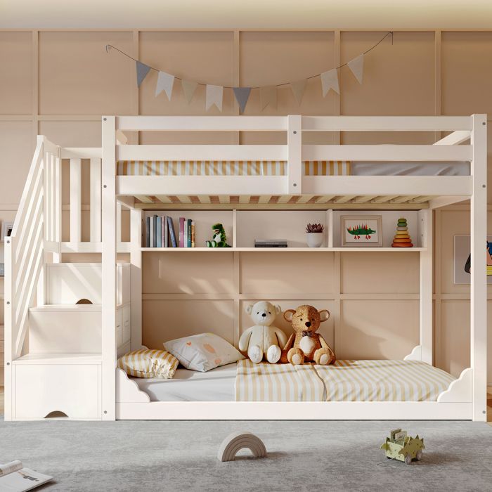 Lit superposé - KOMHTOM - Lit superposé enfant 90x200 cm - armoire escalier & rangements - bois massif - 2 tiroirs Lit superposé - KOMHTOM - Lit superposé enfant 90x200 cm - armoire escalier & rangements - bois massif - 2 tiroirs