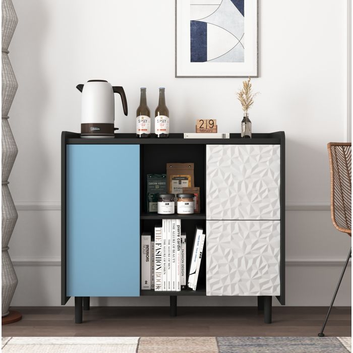 Buffet Bas avec 1 Porte 2 Tiroirs et 2 Niches Ouvertes Meuble de Rangement pour Cuisine MDF 90×40×80 cm Noir et Bleu - UVRION