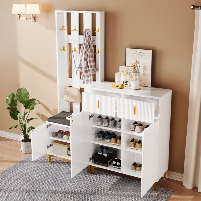 Meubles dEntrée avec 2 Tiroirs 2 Portes Banc à Chaussures et 8 Crochets Coussin Blanc et Or - UVRION