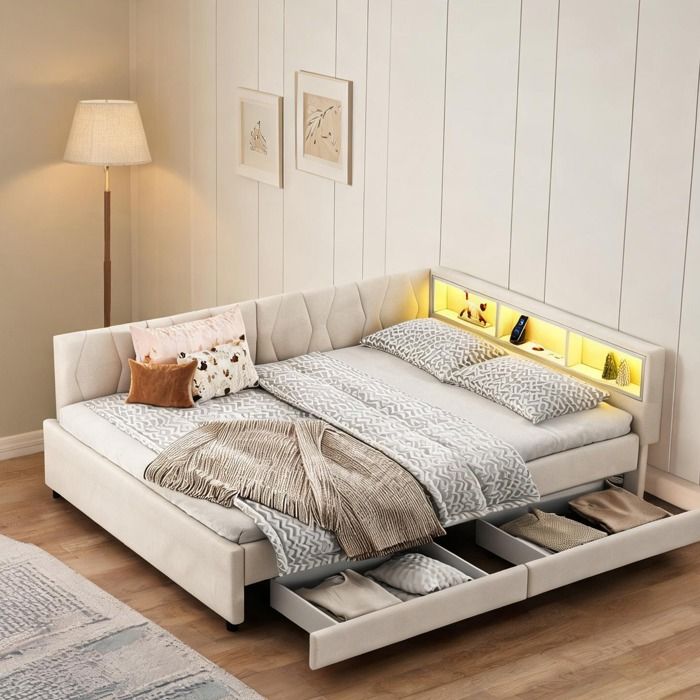 Canapé-lit beige 140x200 cm en lin rangement avec 2 tiroirs USB-C et LED colorées